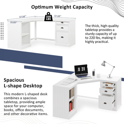 57.68" Modern L Shaped Executive Desk with 2 Storage Cabinets and 3 Drawers,Corner Writing Desk,Office Desk Furniture,Computer Desks with Depth Workstation for Home Office,Living room,White - Discount Msrp 