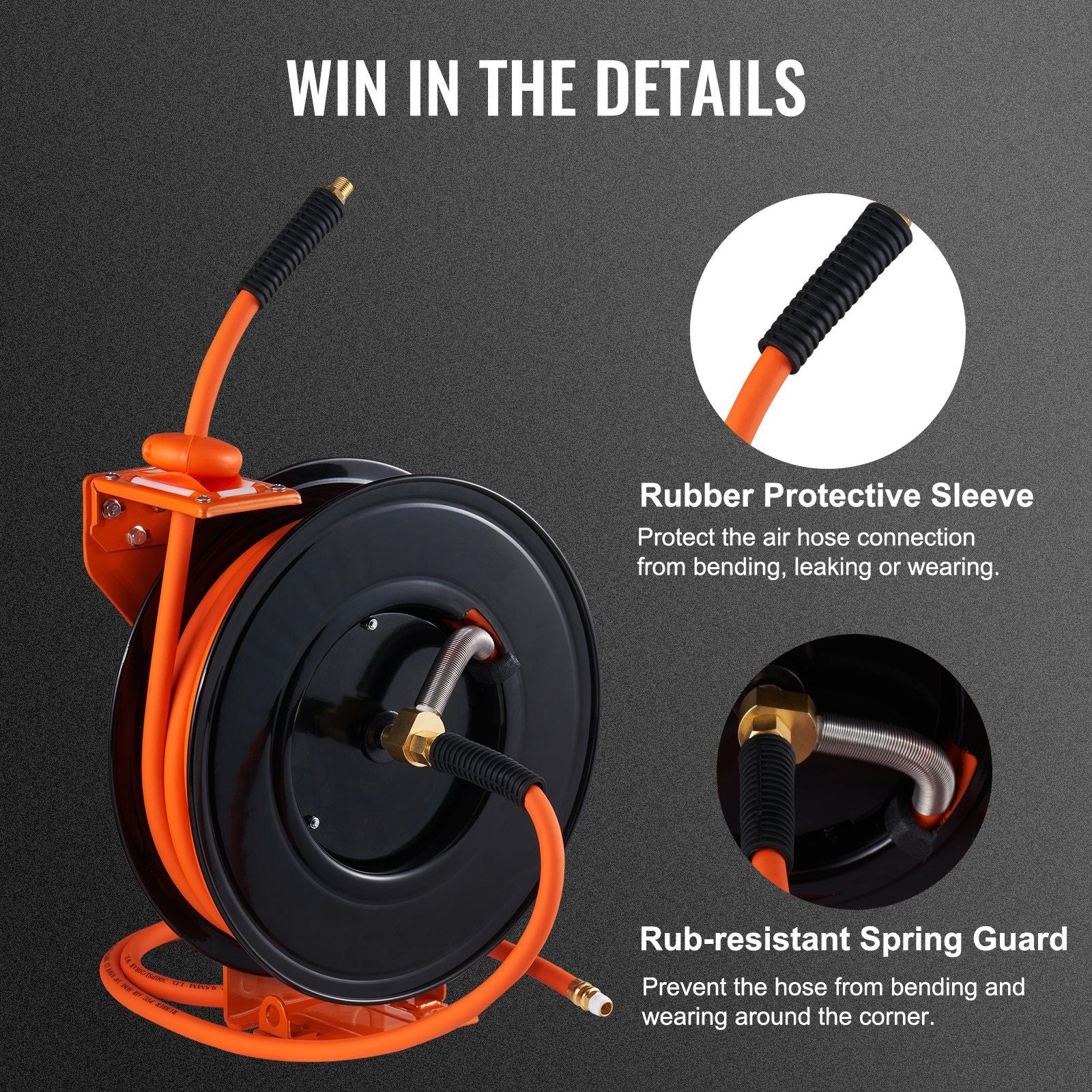 VEVOR Retractable Air Hose Reel, 3/8 IN x 50 FT Hybrid Air Hose Max 300PSI, Air Compressor Hose Reel with 5 ft Lead in, Ceiling / Wall Mount Heavy Duty Single Arm Steel Reel - Discount Msrp 
