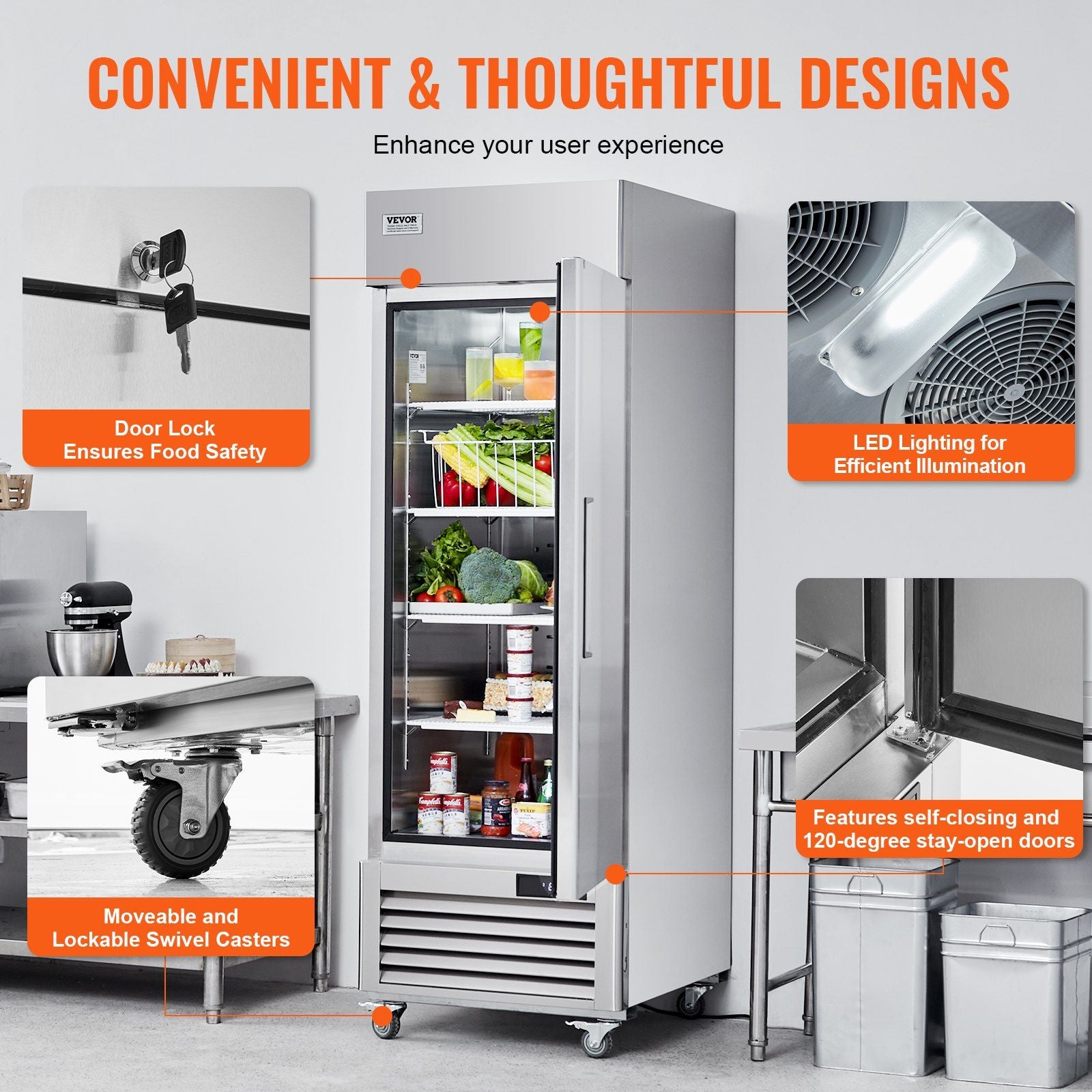 VEVOR Commercial Refrigerator 19.32 Cu.ft, Reach In 27" W Upright Refrigerator Single Door, Auto-Defrost Stainless Steel Reach-in Refrigerator & 4 Shelves, 33 to 41°F Temp Control, LED Light, 4 Wheel - Discount Msrp 