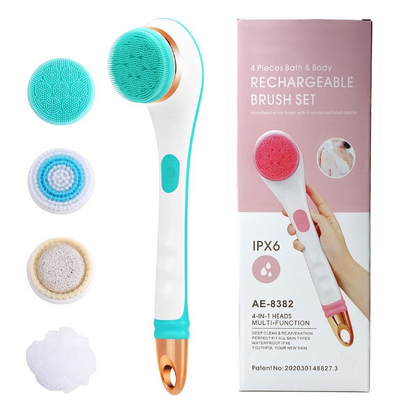 Silicone Bath Brush 4 in 1 Electric Back Scrubber 4 Brush Heads USB Rechargeable Rotating Shower Massager with 2 Speeds - Discount Msrp 