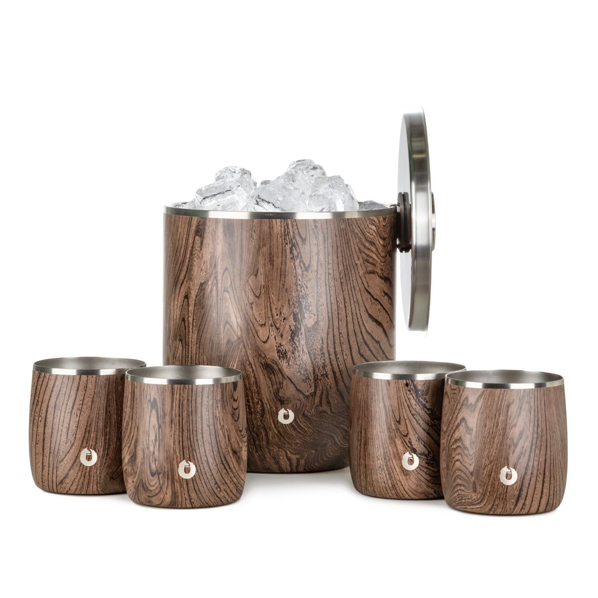 Stainless Steel Ice Bucket with Rocks Glass Set, Dark Walnut - Discount Msrp 