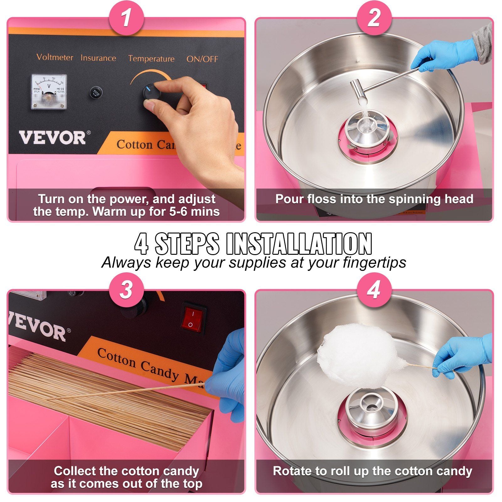 VEVOR Electric Cotton Candy Machine with Cart, 1000W Commercial Floss Maker with Stainless Steel Bowl, Sugar Scoop and Drawer, Perfect for Home, Kids Birthday, Family Party, Pink - Discount Msrp 