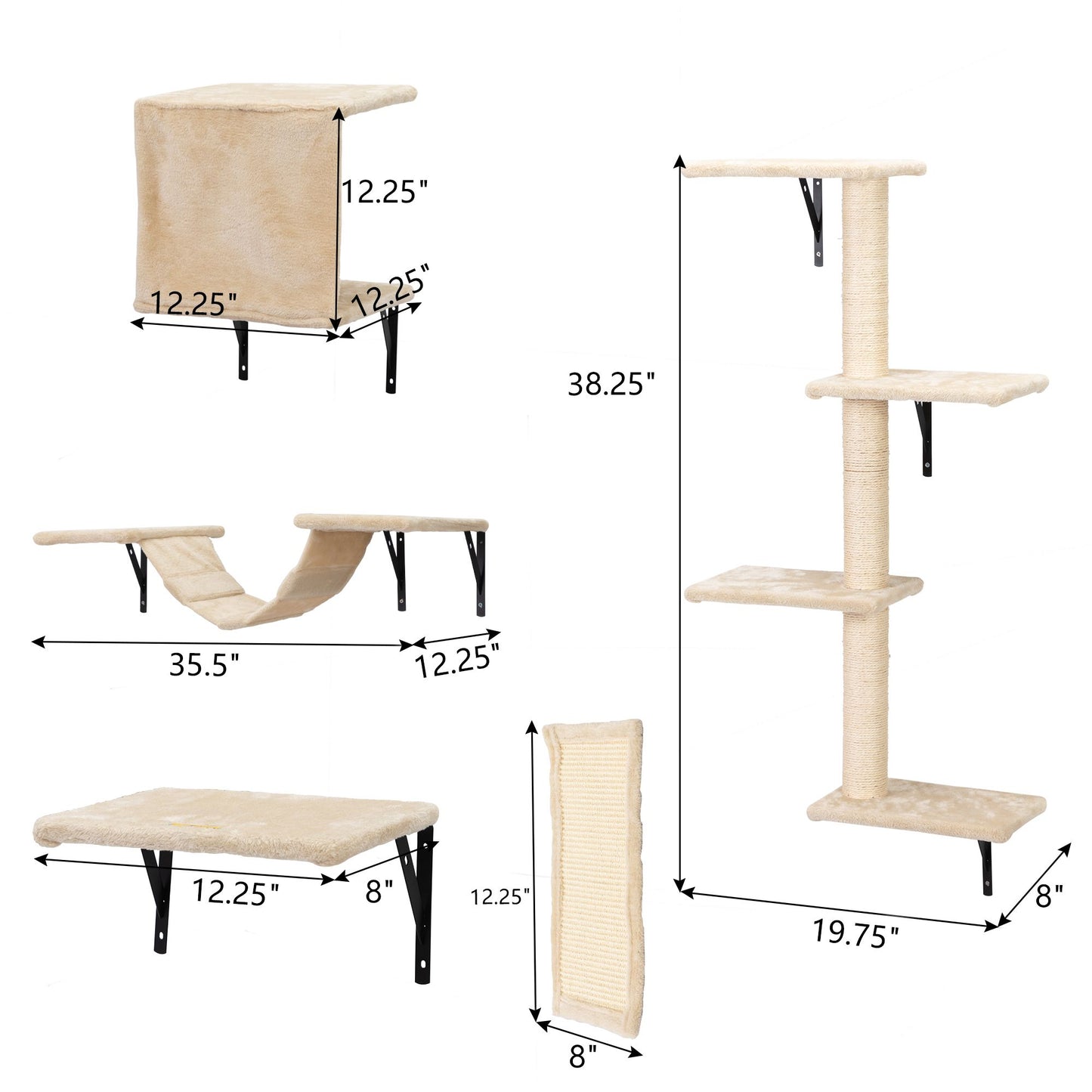 5 Pcs Wall Mounted Cat Climber Set; Floating Cat Shelves and Perches; Cat Activity Tree with Scratching Posts; Modern Cat Furniture - Discount Msrp 