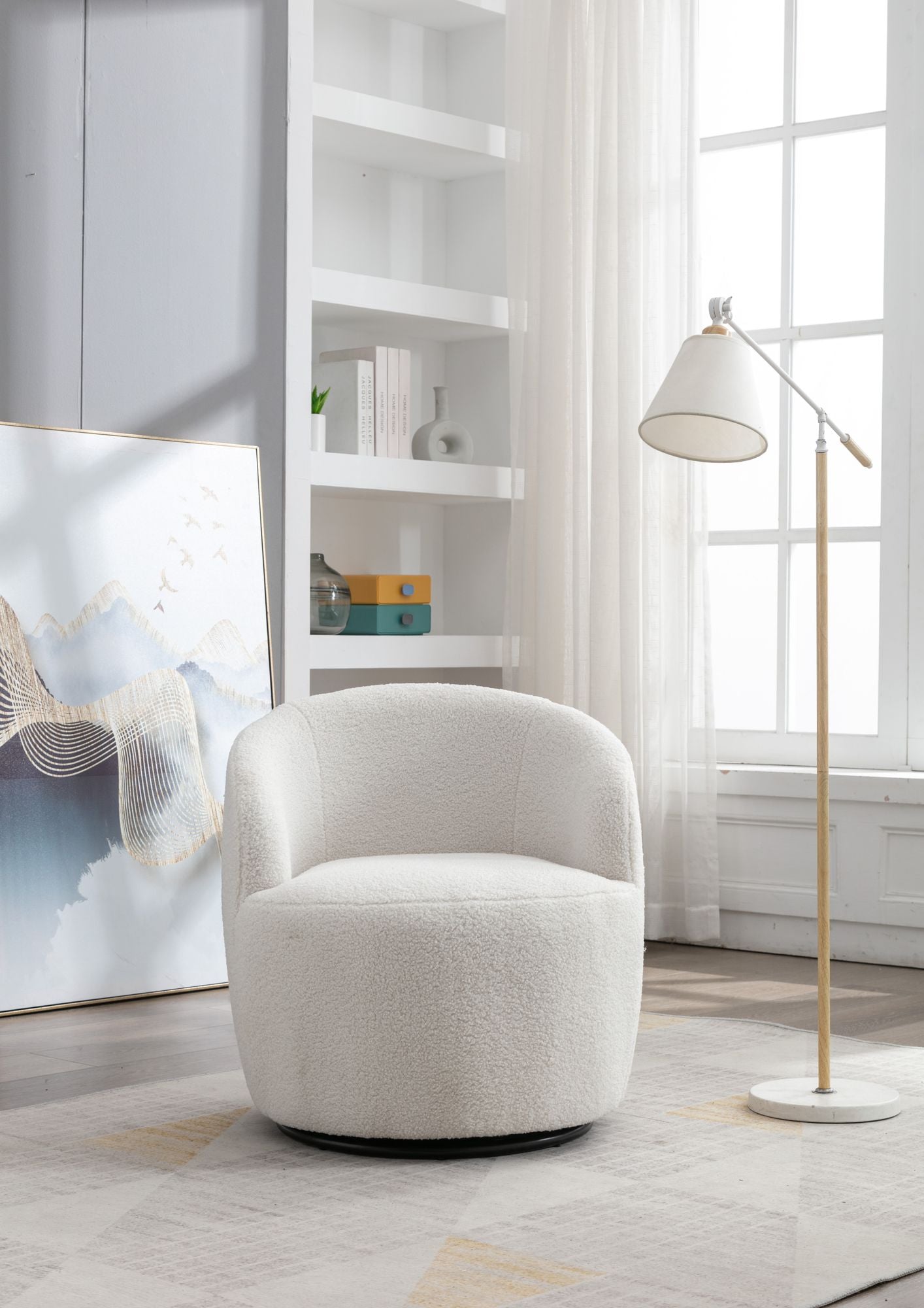 Teddy Fabric Swivel Accent Armchair Barrel Chair With Black Powder Coating Metal Ring,Ivory White - Discount Msrp 