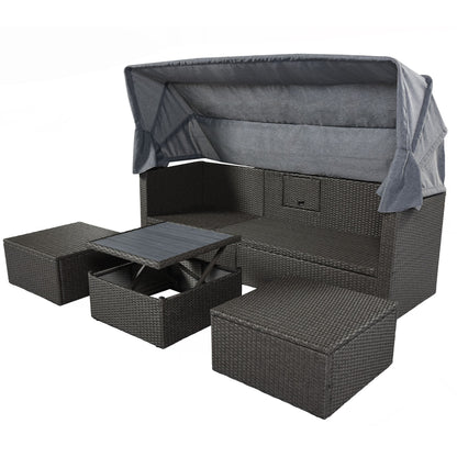 Outdoor Patio Rectangle Daybed with Retractable Canopy, Wicker Furniture Sectional Seating with Washable Cushions, Backyard, Porch - Discount Msrp 