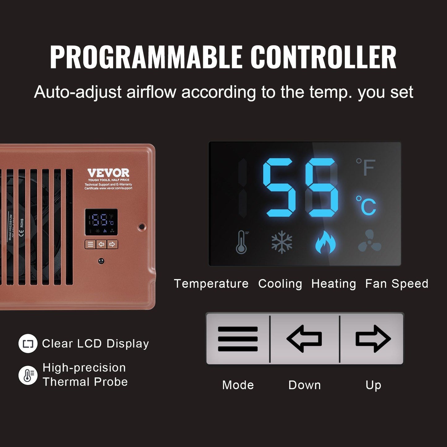 VEVOR Register Booster Fan, Quiet Vent Booster Fan Fits 4' x 10' Register Holes, with Remote Control and Thermostat Control, Adjustable Speed for Heating Cooling Smart Vent, Brown - Discount Msrp 