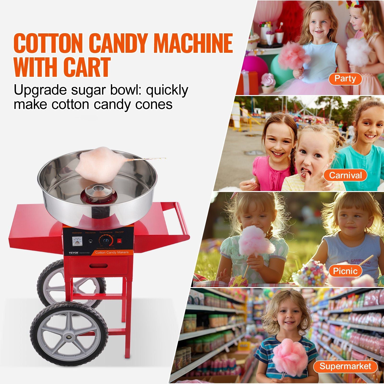 VEVOR Electric Cotton Candy Machine with Cart, 1000W Commercial Candy Floss Maker with Stainless Steel Bowl, Sugar Scoop and Drawer, Perfect for Home, Kids Birthday, Family Party, Red - Discount Msrp 
