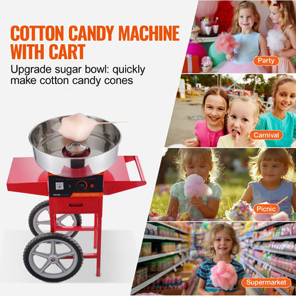 VEVOR Electric Cotton Candy Machine with Cart, 1000W Commercial Candy Floss Maker with Stainless Steel Bowl, Sugar Scoop and Drawer, Perfect for Home, Kids Birthday, Family Party, Red - Discount Msrp 