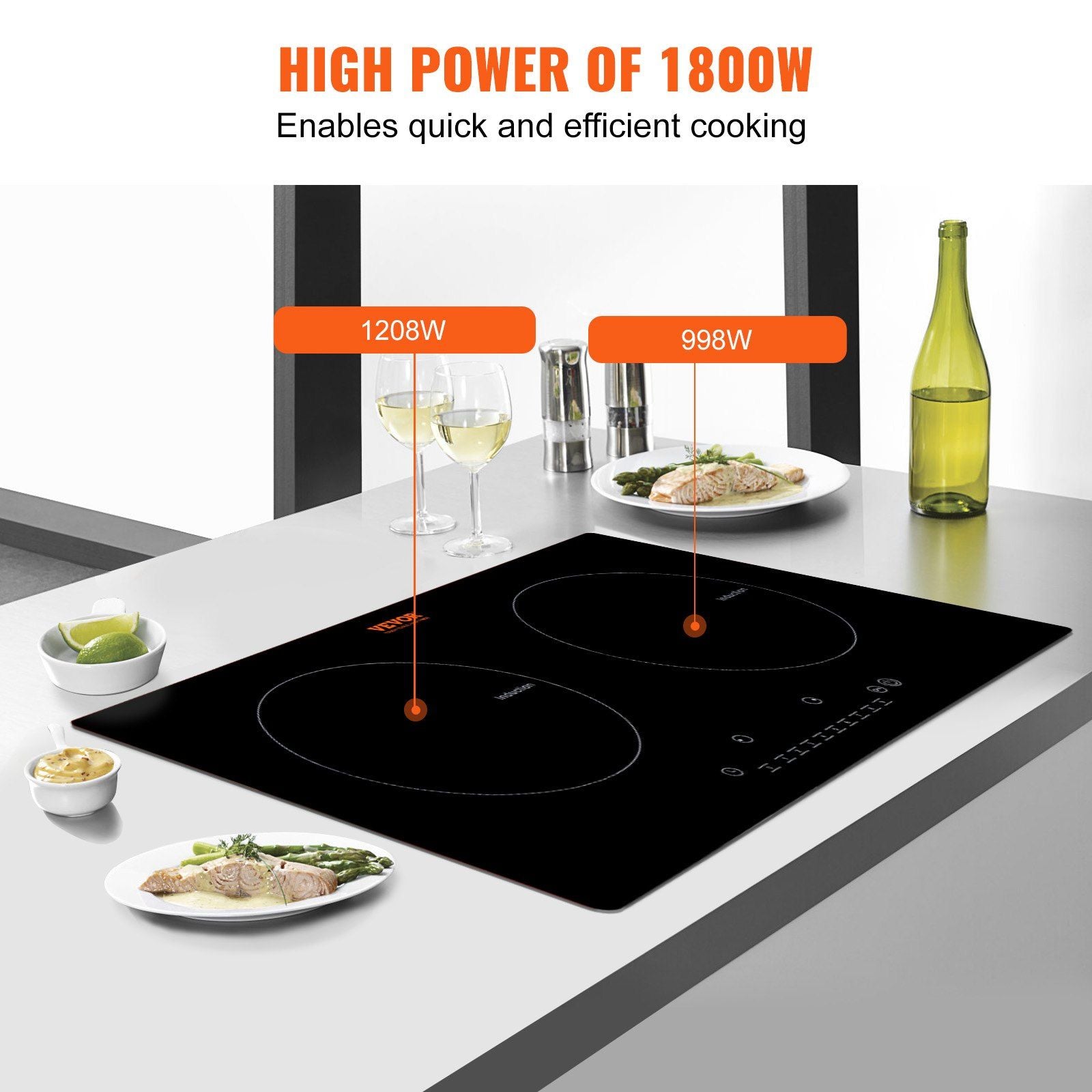 VEVOR Electric Cooktop, 2 Burners, 24'' Induction Stove Top, Built-in Magnetic Cooktop 1800W, 9 Heating Level Multifunctional Burner, LED Touch Screen w/ Child Lock & Over-Temperature Protection - Discount Msrp 