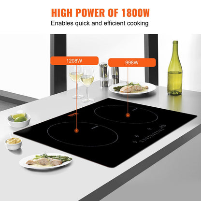 VEVOR Electric Cooktop, 2 Burners, 24'' Induction Stove Top, Built-in Magnetic Cooktop 1800W, 9 Heating Level Multifunctional Burner, LED Touch Screen w/ Child Lock & Over-Temperature Protection - Discount Msrp 