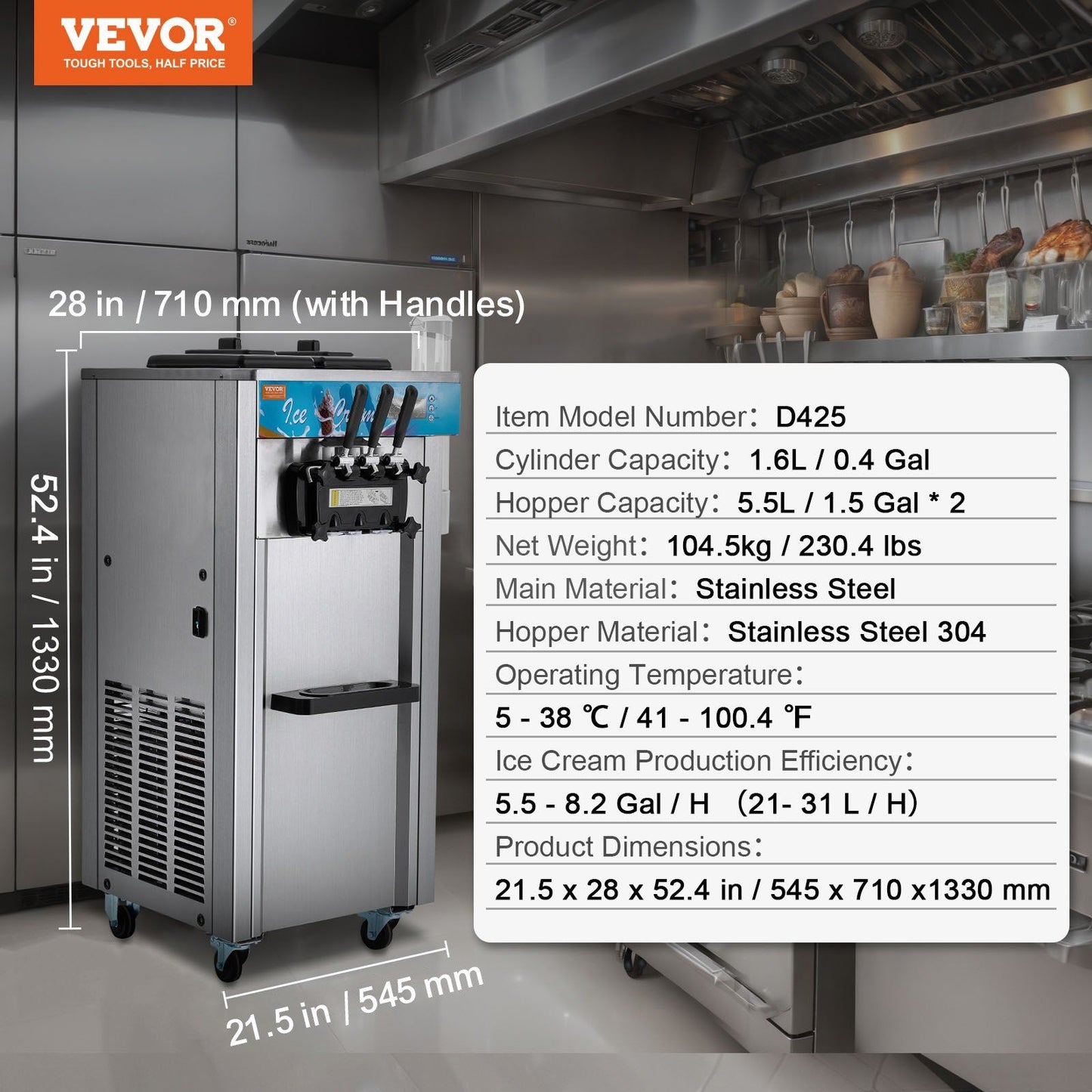 VEVOR Commercial Ice Cream Machine, 21-31 L/H Yield, 1800W 3-Flavor Freestanding Soft Serve Ice Cream Maker, 2 x 5.5L Stainless Steel Cylinder, LED Panel Auto Clean Pre-cooling, for Restaurant Bars - Discount Msrp 