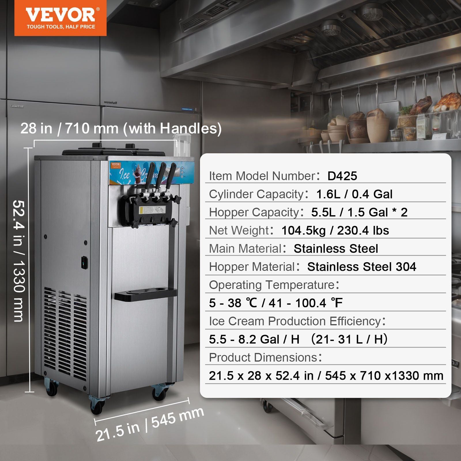 VEVOR Commercial Ice Cream Machine, 21-31 L/H Yield, 1800W 3-Flavor Freestanding Soft Serve Ice Cream Maker, 2 x 5.5L Stainless Steel Cylinder, LED Panel Auto Clean Pre-cooling, for Restaurant Bars - Discount Msrp 