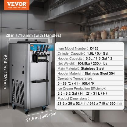 VEVOR Commercial Ice Cream Machine, 21-31 L/H Yield, 1800W 3-Flavor Freestanding Soft Serve Ice Cream Maker, 2 x 5.5L Stainless Steel Cylinder, LED Panel Auto Clean Pre-cooling, for Restaurant Bars - Discount Msrp 