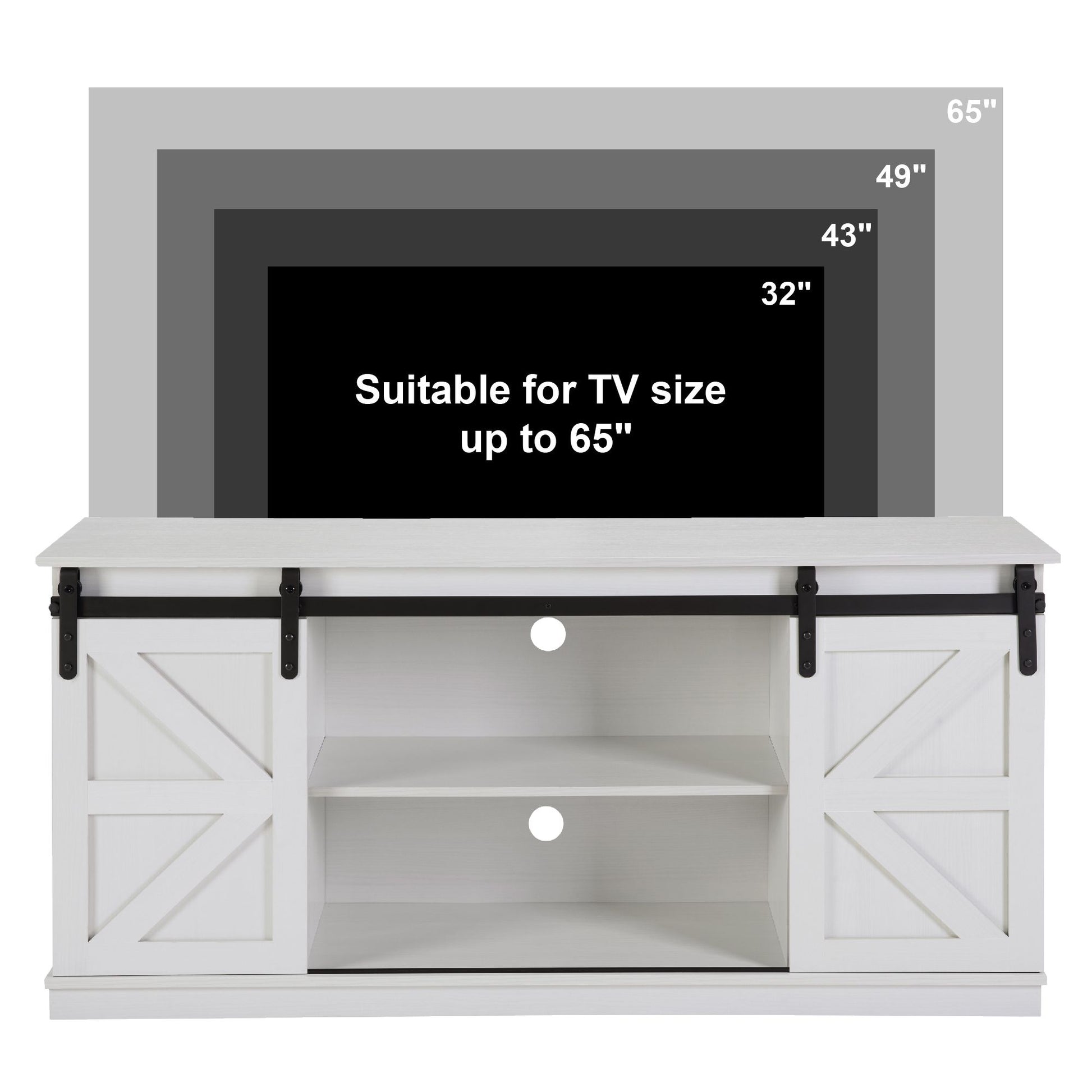 58" Farmhouse TV Stand and Entertainment Center for Televisions up to 65 Inchs,with Sliding Barn Doors and Storage Cabinets,White - Discount Msrp 