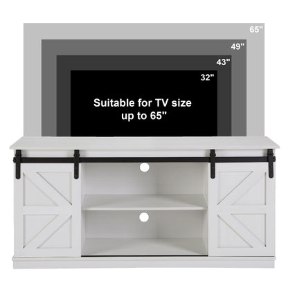 58" Farmhouse TV Stand and Entertainment Center for Televisions up to 65 Inchs,with Sliding Barn Doors and Storage Cabinets,White - Discount Msrp 