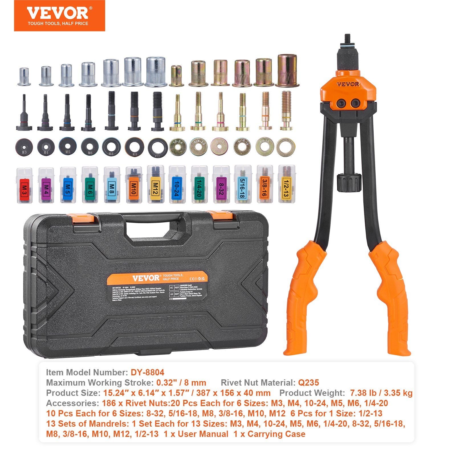VEVOR 16" Rivet Nut Tool, Labor-Saving Rivnut Tool Kit with 13PCS Metric & SAE Mandrels, 186PCS Rivet Nuts,M3, M4, M5, M6, M8, M10, M12, 1/4-20, 5/16-18, 3/8-16,1/2-13, 8-32, 10-24 With Carrying Case - Discount Msrp 