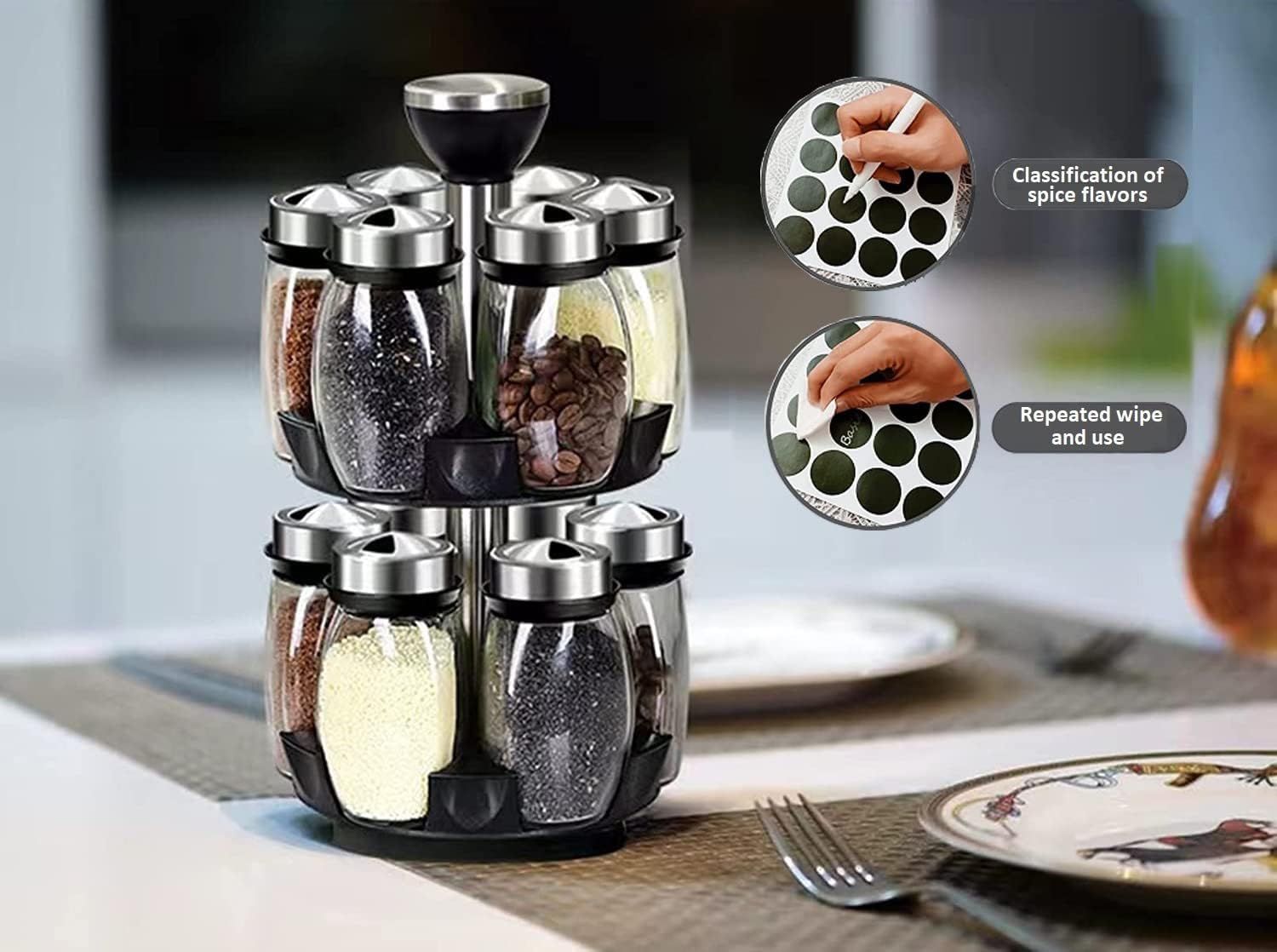 12 Glass Jar Bottles Set Revolving Spice Rack Organizer Storage for kitchen, Spice Stand Holder, Spinning Countertop Herb and Spice Rack Organizer with - Discount Msrp 