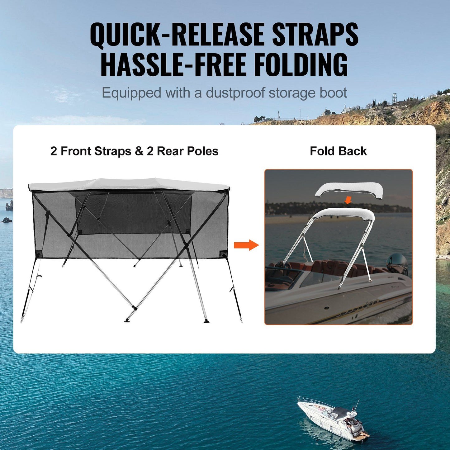 VEVOR 4 Bow Bimini Top Boat Cover, Detachable Mesh Sidewalls, 600D Polyester Canopy with 1" Aluminum Alloy Frame, Includes Storage Boot, 2 Straps, 2 Support Poles, 8'L x 54"H x 85"-90"W, Light Grey - Discount Msrp 