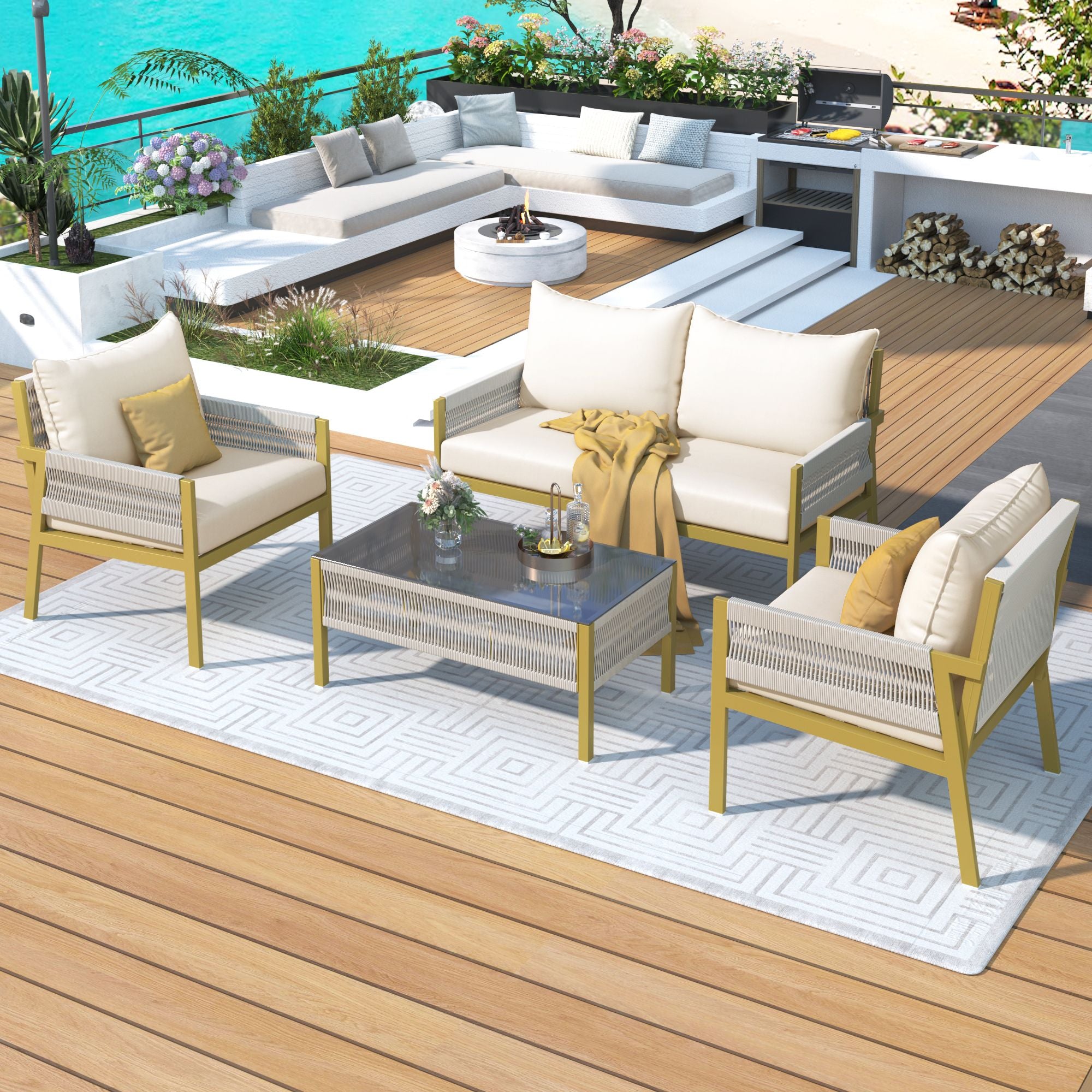 4-Piece Rope Patio Furniture Set, Outdoor Furniture with Tempered Glass Table, Patio Conversation Set Deep Seating with Thick Cushion for Backyard Porch Balcony - Discount Msrp 