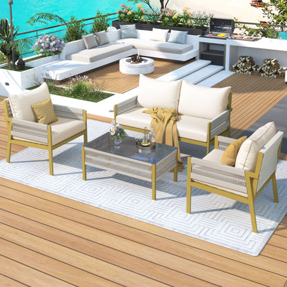 4-Piece Rope Patio Furniture Set, Outdoor Furniture with Tempered Glass Table, Patio Conversation Set Deep Seating with Thick Cushion for Backyard Porch Balcony - Discount Msrp 
