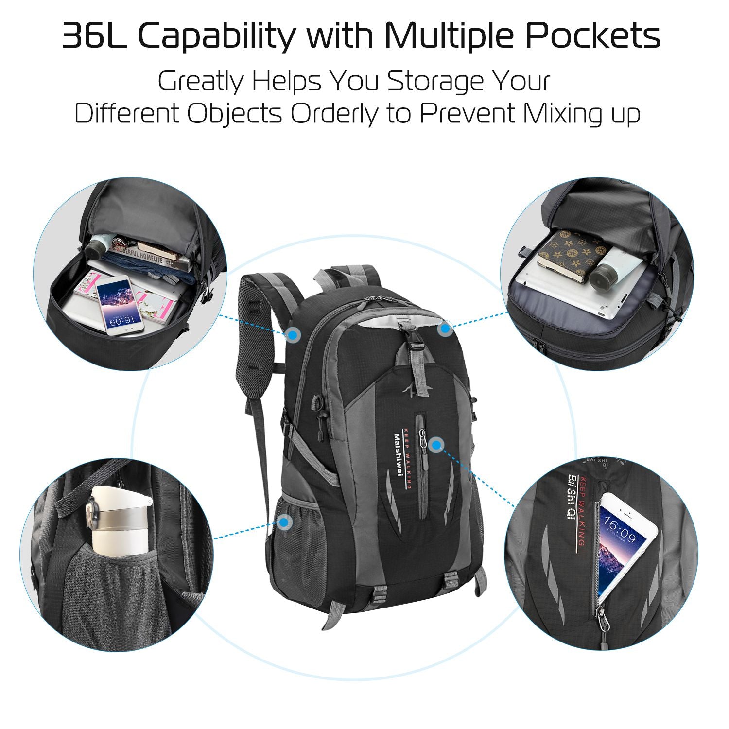 36L Travel Backpack Waterproof Hiking Daypack with Multiple Compartments and Pockets, Nylon Backpack for Camping - Discount Msrp 