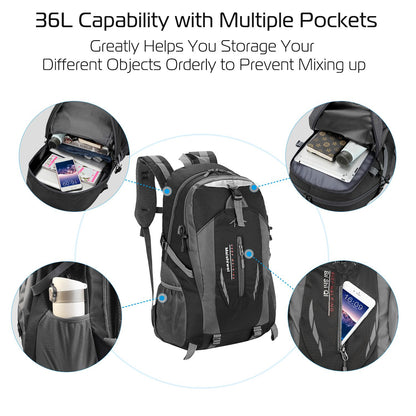 36L Travel Backpack Waterproof Hiking Daypack with Multiple Compartments and Pockets, Nylon Backpack for Camping - Discount Msrp 