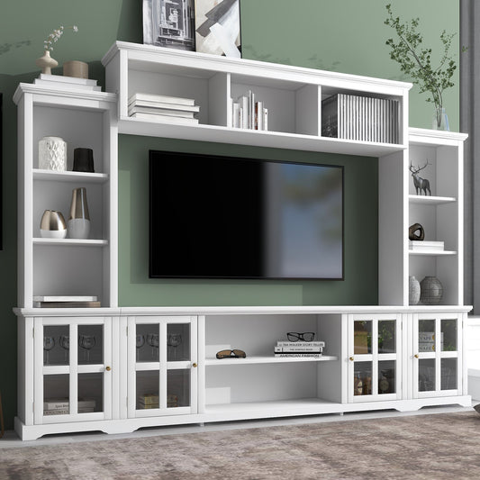 [VIDEO provided] ON-TREND Minimalism Entertainment Wall Unit with Bridge, Modern TV Console Table for TVs Up to 70", Multifunctional TV Stand with Tempered Glass Door, White (Old SKU: SD000009AAK) - Discount Msrp 