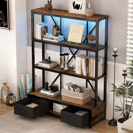 3-Shelf Metal Bookcase with Drawers for Home Office, Open Bookcase, Vintage Industrial Style Bookcase with LED,Vintage wood color - Discount Msrp 