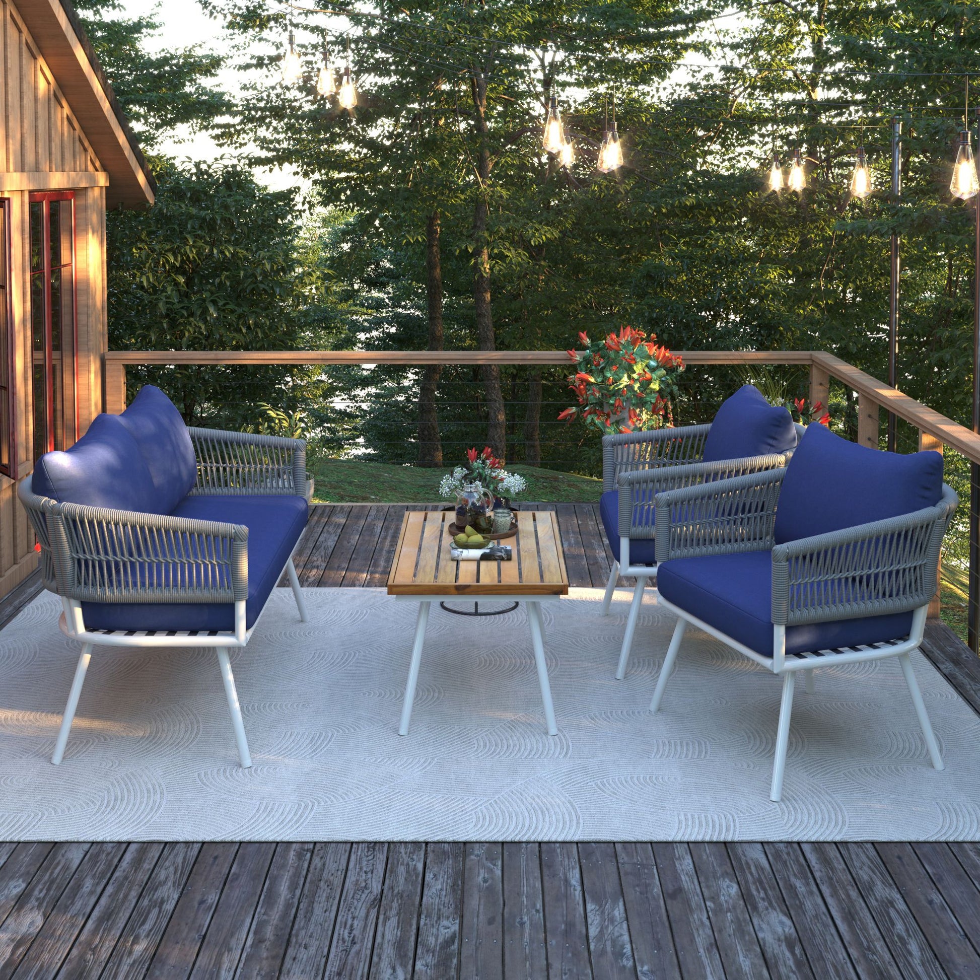 4-Piece Patio Furniture Set, Outdoor Furniture with Acacia Wood Table, Patio Conversation Set with Deep Seating & Thick Cushion for Backyard Porch Balcony - Discount Msrp 