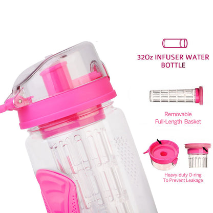 Fruit Infuser Water Bottle 32OZ Juice Shaker Sport w/ Flip Top Lid Anti-Slip Grips For Office Home Sport Running Walking Hiking - Discount Msrp 