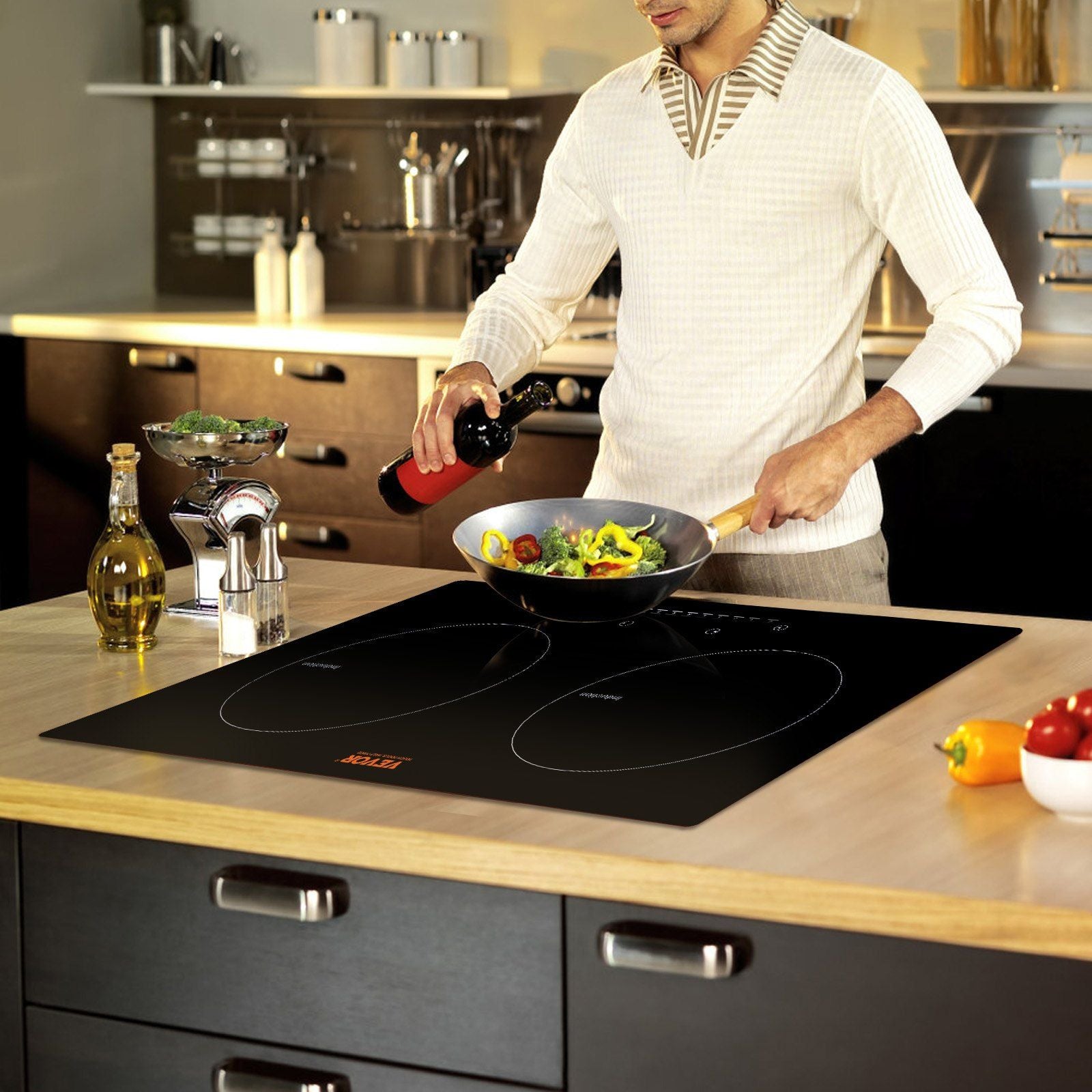 VEVOR Electric Cooktop, 2 Burners, 24'' Induction Stove Top, Built-in Magnetic Cooktop 1800W, 9 Heating Level Multifunctional Burner, LED Touch Screen w/ Child Lock & Over-Temperature Protection - Discount Msrp 
