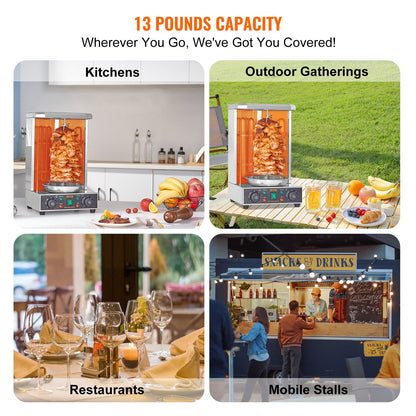 VEVOR Shawarma Grill Machine, 13 lbs Capacity, Chicken Shawarma Cooker Machine with 2 Burners, Electric Vertical Broiler Gyro Rotisserie Oven Doner Kebab Machine, for Home Restaurant Kitchen Parties - Discount Msrp 