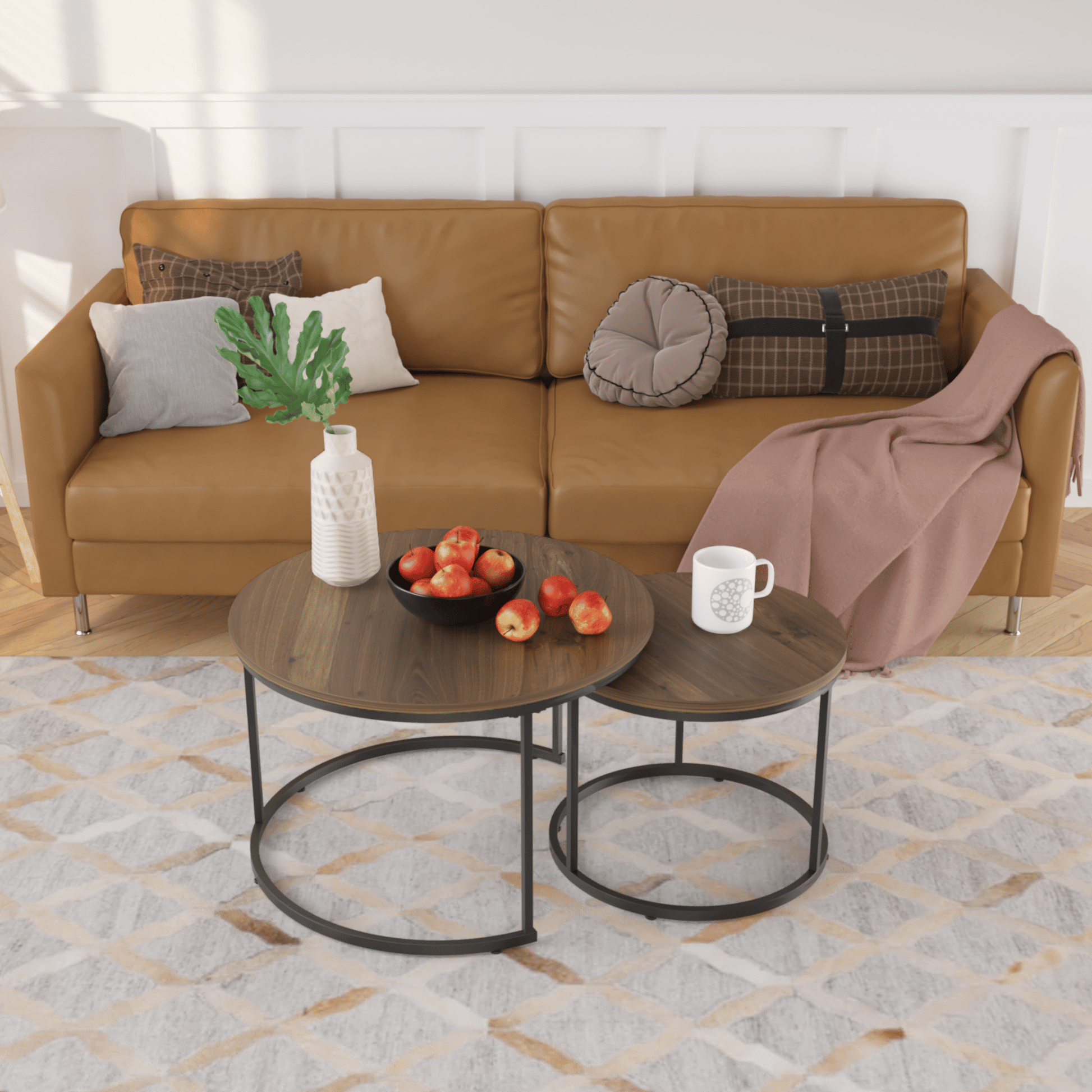 Nesting Coffee Table Set of 2, 27.6inch Round Coffee Table Industrial Wood Finish with Sturdy Metal Frame, End Table Side Tables for Living Room Bedroom Balcony Yard - Discount Msrp 