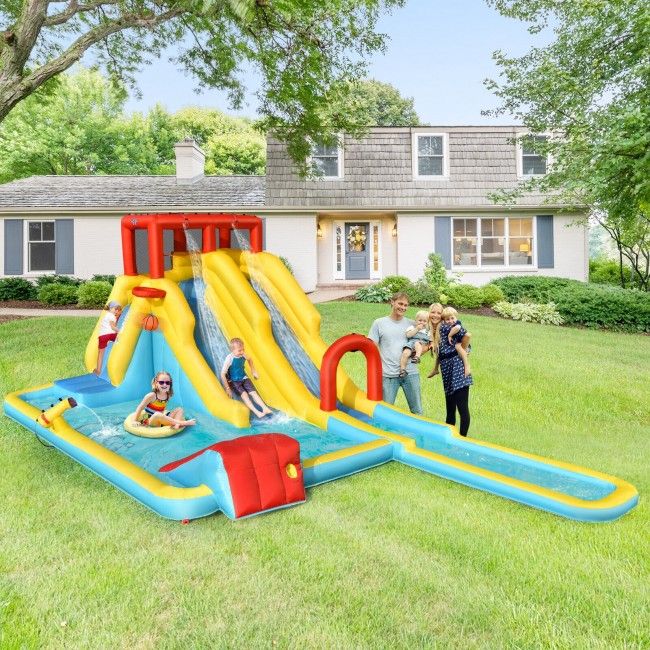 Inflatable Dual Slide Water Park Climbing Bouncer with 735W Air Blower - Discount Msrp 