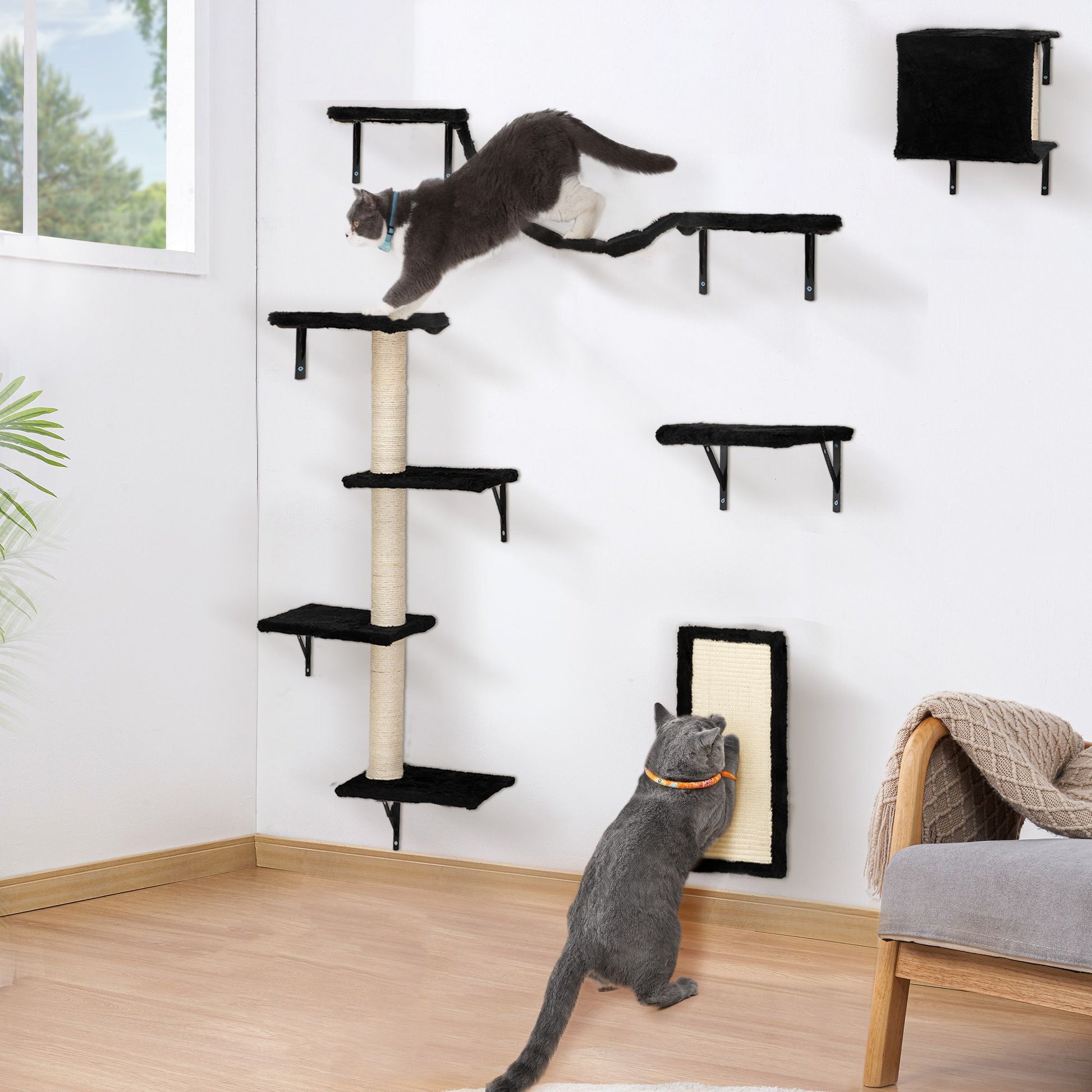 5 Pcs Wall Mounted Cat Climber Set; Floating Cat Shelves and Perches; Cat Activity Tree with Scratching Posts; Modern Cat Furniture - Discount Msrp 
