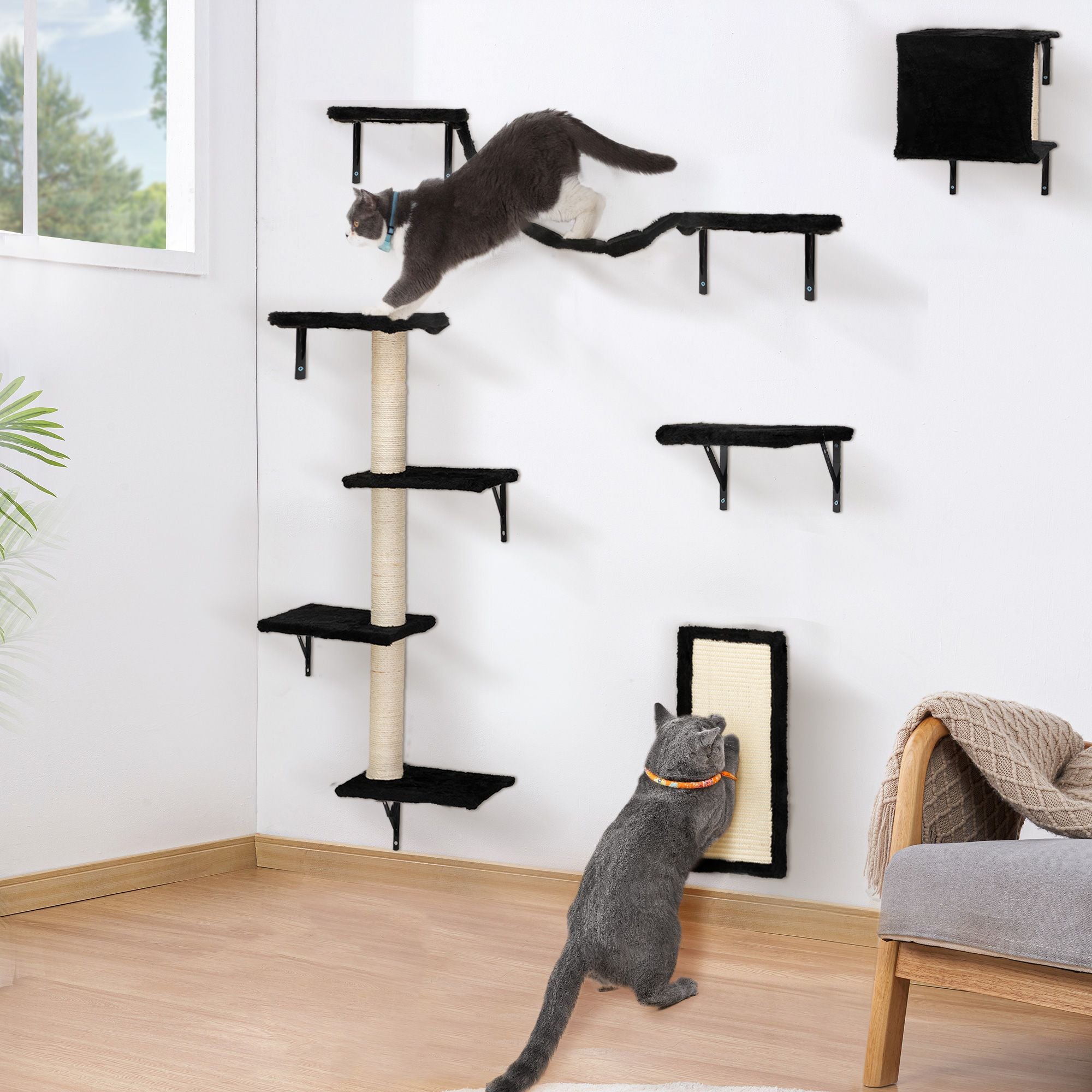 5 Pcs Wall Mounted Cat Climber Set; Floating Cat Shelves and Perches; Cat Activity Tree with Scratching Posts; Modern Cat Furniture - Discount Msrp 