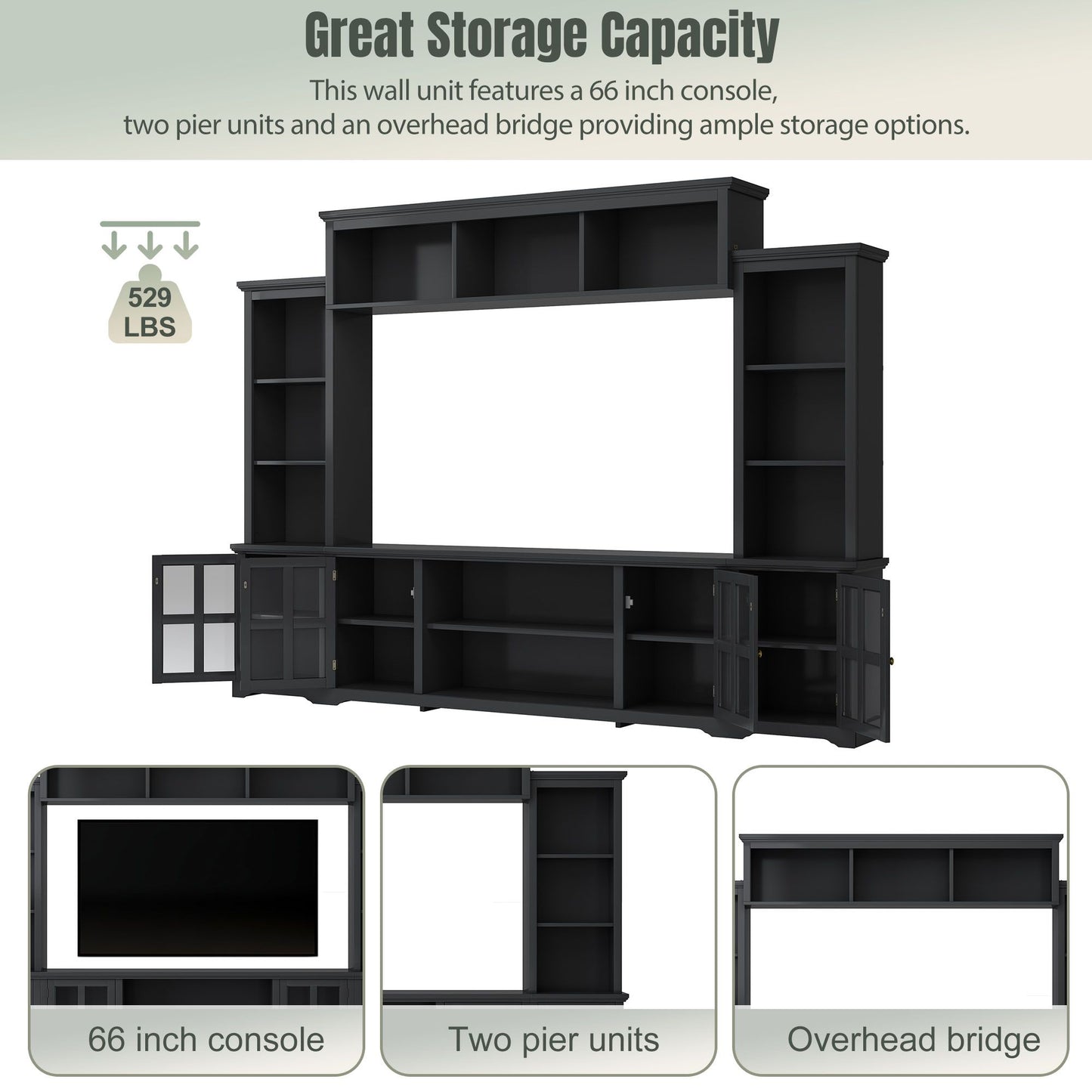 [VIDEO provided] ON-TREND Minimalism Entertainment Wall Unit with Bridge, Modern TV Console Table for TVs Up to 70", Multifunctional TV Stand with Tempered Glass Door, Black (Old SKU: SD000009AAB) - Discount Msrp 
