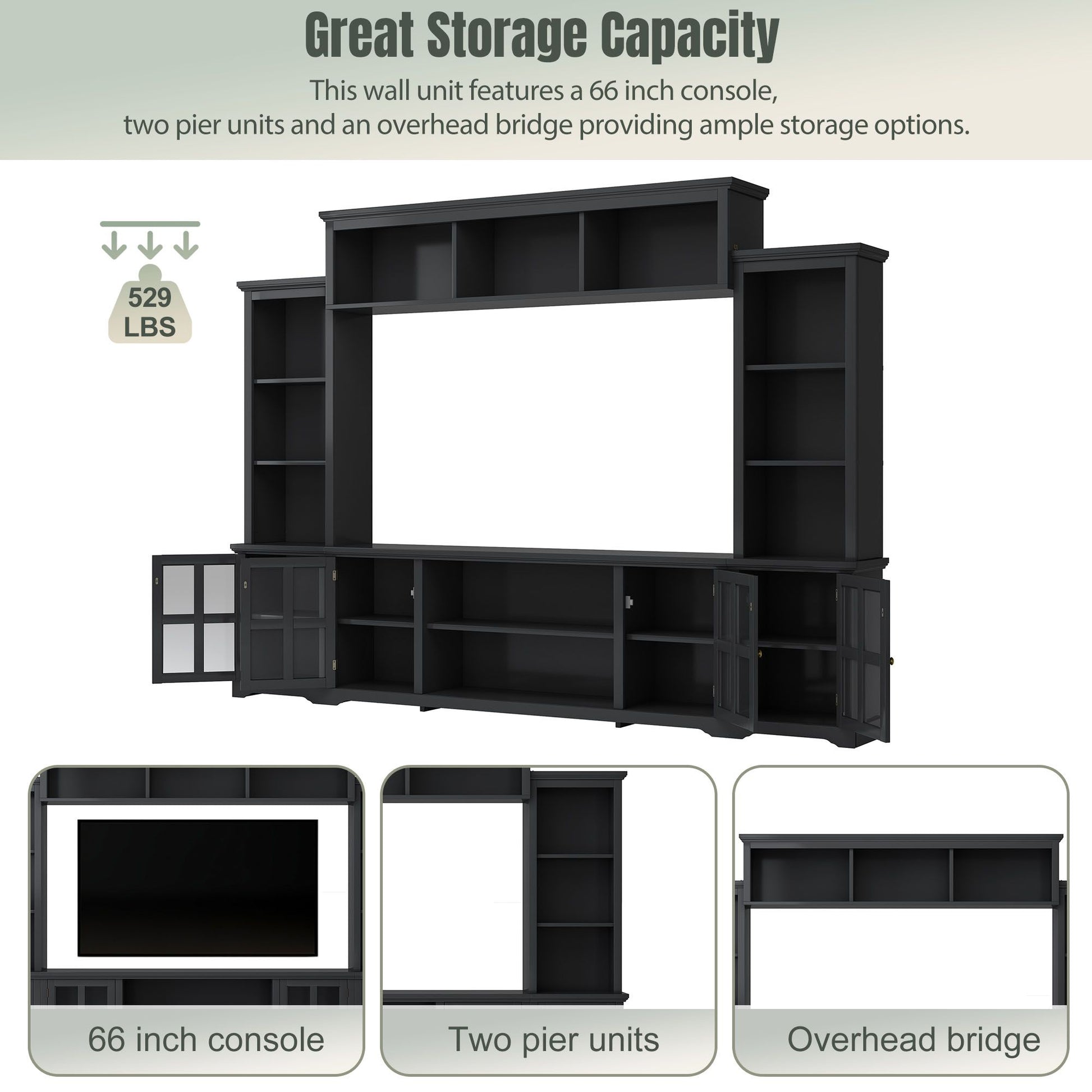 [VIDEO provided] ON-TREND Minimalism Entertainment Wall Unit with Bridge, Modern TV Console Table for TVs Up to 70", Multifunctional TV Stand with Tempered Glass Door, Black (Old SKU: SD000009AAB) - Discount Msrp 