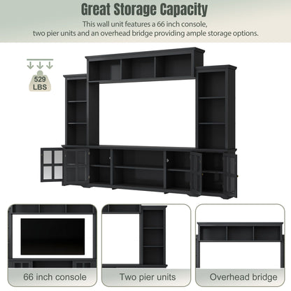[VIDEO provided] ON-TREND Minimalism Entertainment Wall Unit with Bridge, Modern TV Console Table for TVs Up to 70", Multifunctional TV Stand with Tempered Glass Door, Black (Old SKU: SD000009AAB) - Discount Msrp 