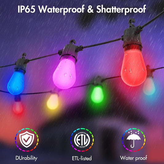 48FTColor Changing Outdoor String Lights , Dimmable String Lights for Outside Waterproof with 16 Shatterproof LED Bulbs, Remote Control Patio Lights for Christmas Halloween Decoration Party Backyard - Discount Msrp 