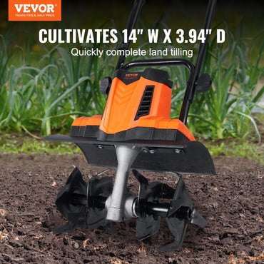 VEVOR 10 Amp Electric Tiller, 14" Tilling Width 3.94" Tilling Depth Corded Electric Tiller/Cultivator, Steel Mn Tines, Rototiller for Garden Lawn Soil Digging - Discount Msrp 