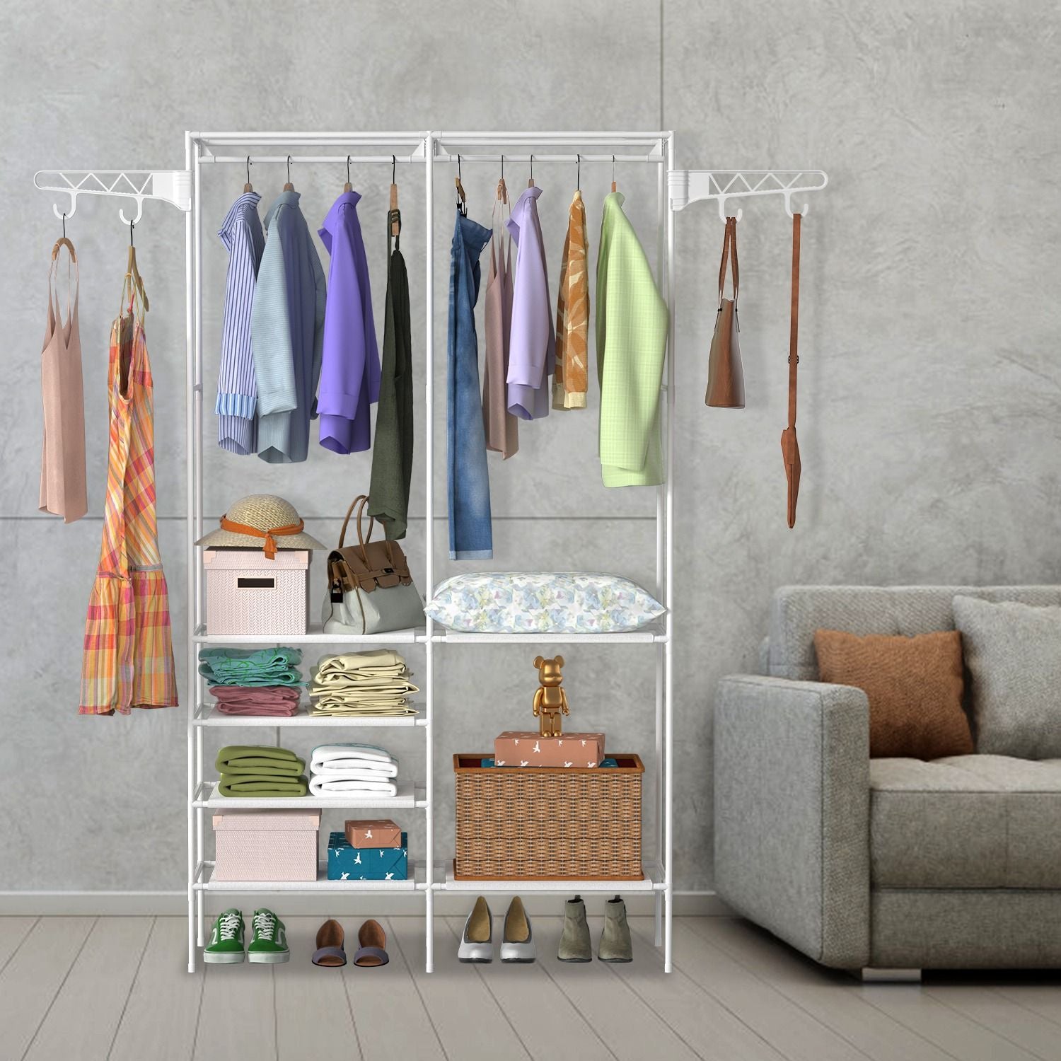Metal Garment Rack Shoe Clothing Organizer Shelves Freestanding Multifunctional Clothes Wardrobe - Discount Msrp 