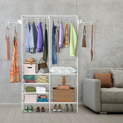 Metal Garment Rack Shoe Clothing Organizer Shelves Freestanding Multifunctional Clothes Wardrobe - Discount Msrp 