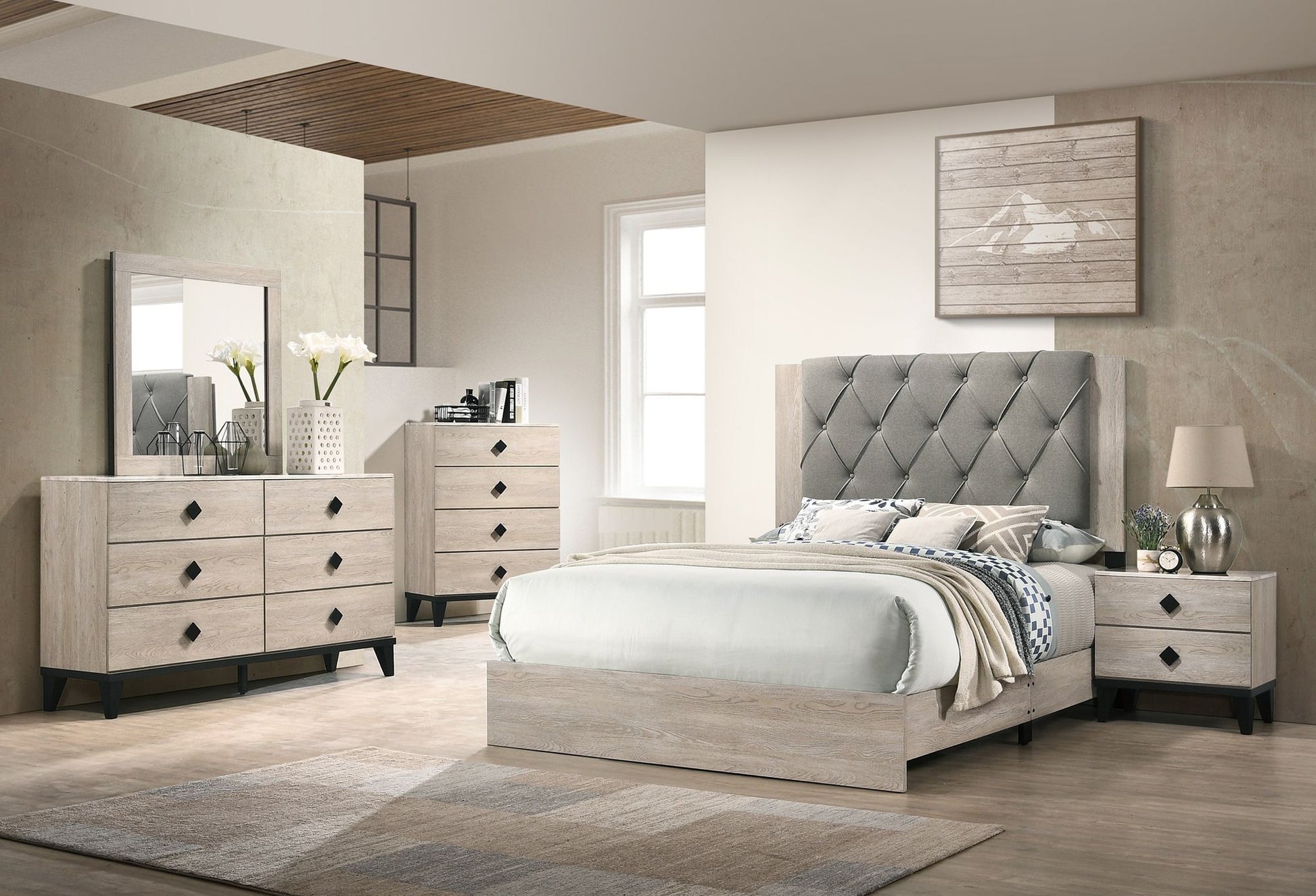 Contemporary 1pc Cream Finish California King Size Bed Bedroom Furniture Gray Tufted Design Headboard Rubberwood 1pc Bedframe - Discount Msrp 