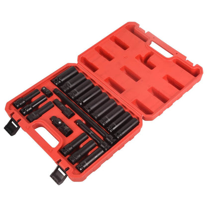 1/2" Drive Deep Impact Socket Set, 20Pcs Socket Set, 3',5',10' Extension Bars,3/8" to 1/2" Universal Joint, for use in all types of automotive or mechanical equipment - Discount Msrp 