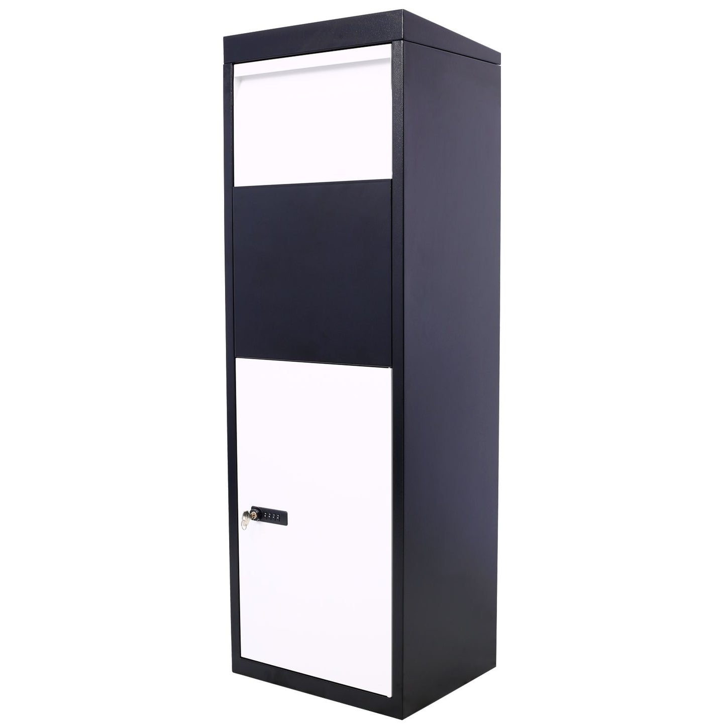 Package Delivery Box, 14'' x 11.3'' x 42'', Galvanized Steel Parcel Mailbox w/Code Lock & Mounting Hardware, for Outdoor Porch, Curbside, Black and White - Discount Msrp 