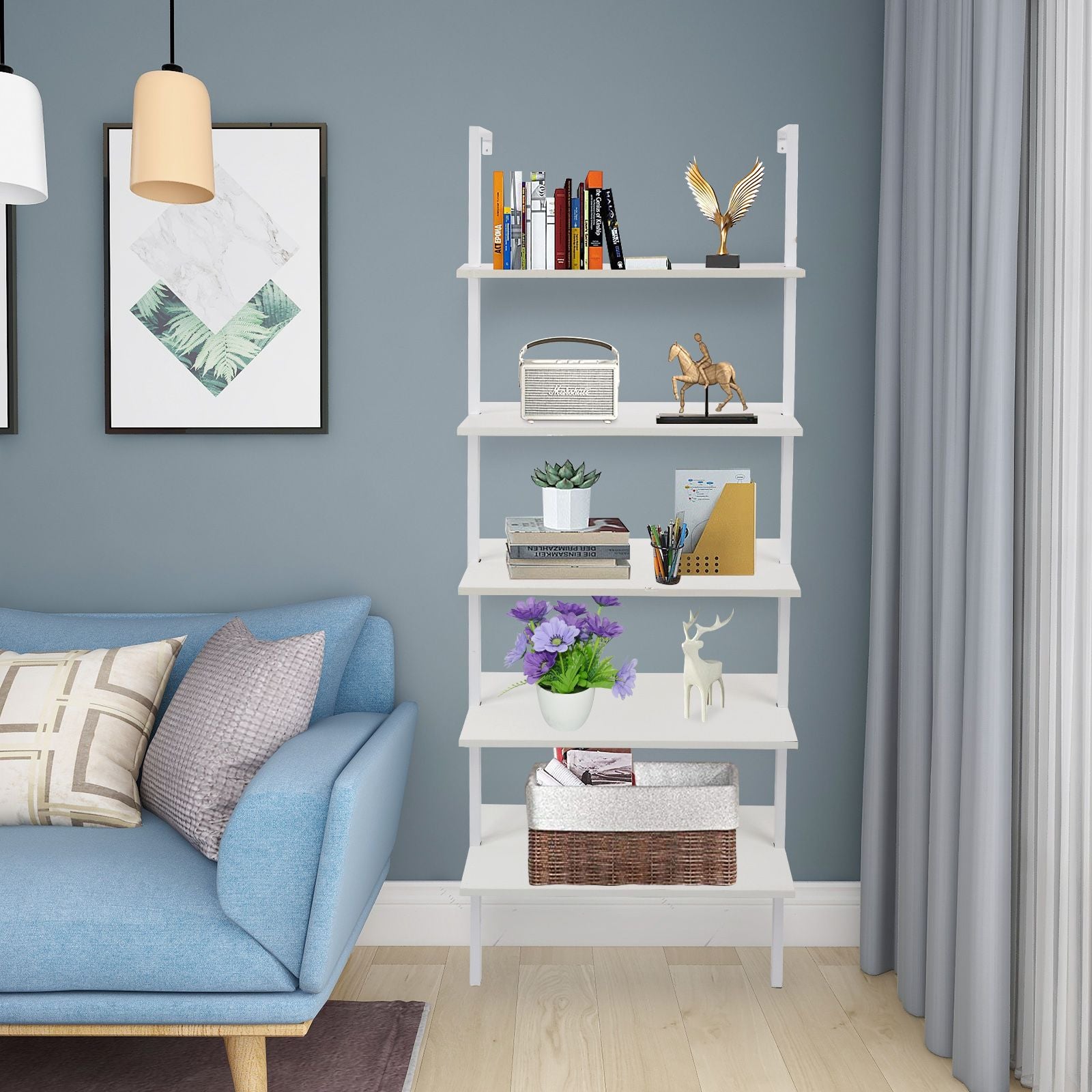5-Shelf Wood Ladder Bookcase with Metal Frame Industrial 5-Tier Modern Ladder Shelf - Discount Msrp 