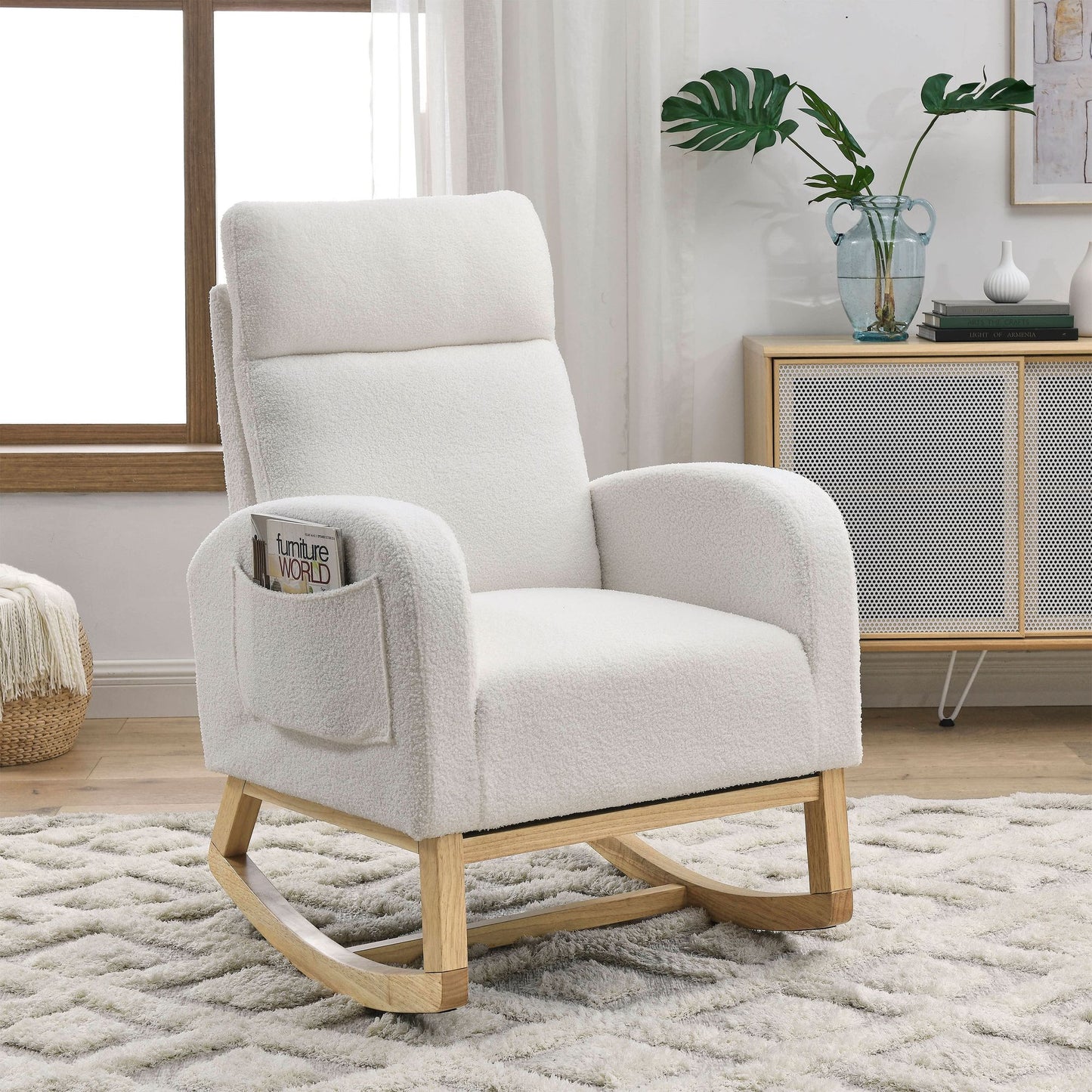 [Video] Welike 27.6"W Modern Accent High Backrest Living Room Lounge Arm Rocking Chair, Two Side Pocket ,Teddy White (Ivory) - Discount Msrp 