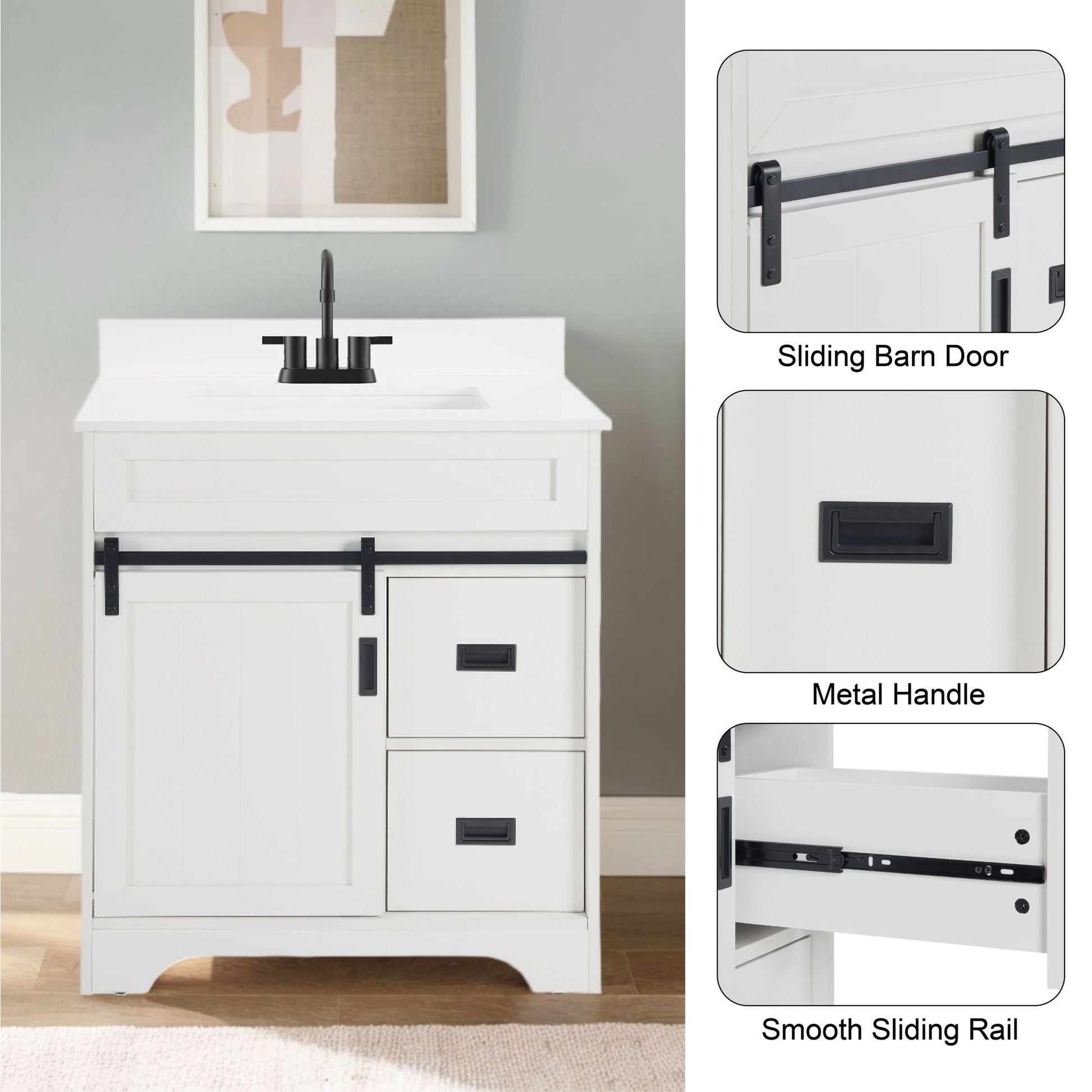 [VIDEO provided]30" Bathroom Vanity with Single Sink Combo, Farmhouse Undermount Bathroom Sink Cabinet with Sliding Barn Doors and 2 Drawers, Freestanding Bathroom Vanities,White - Discount Msrp 