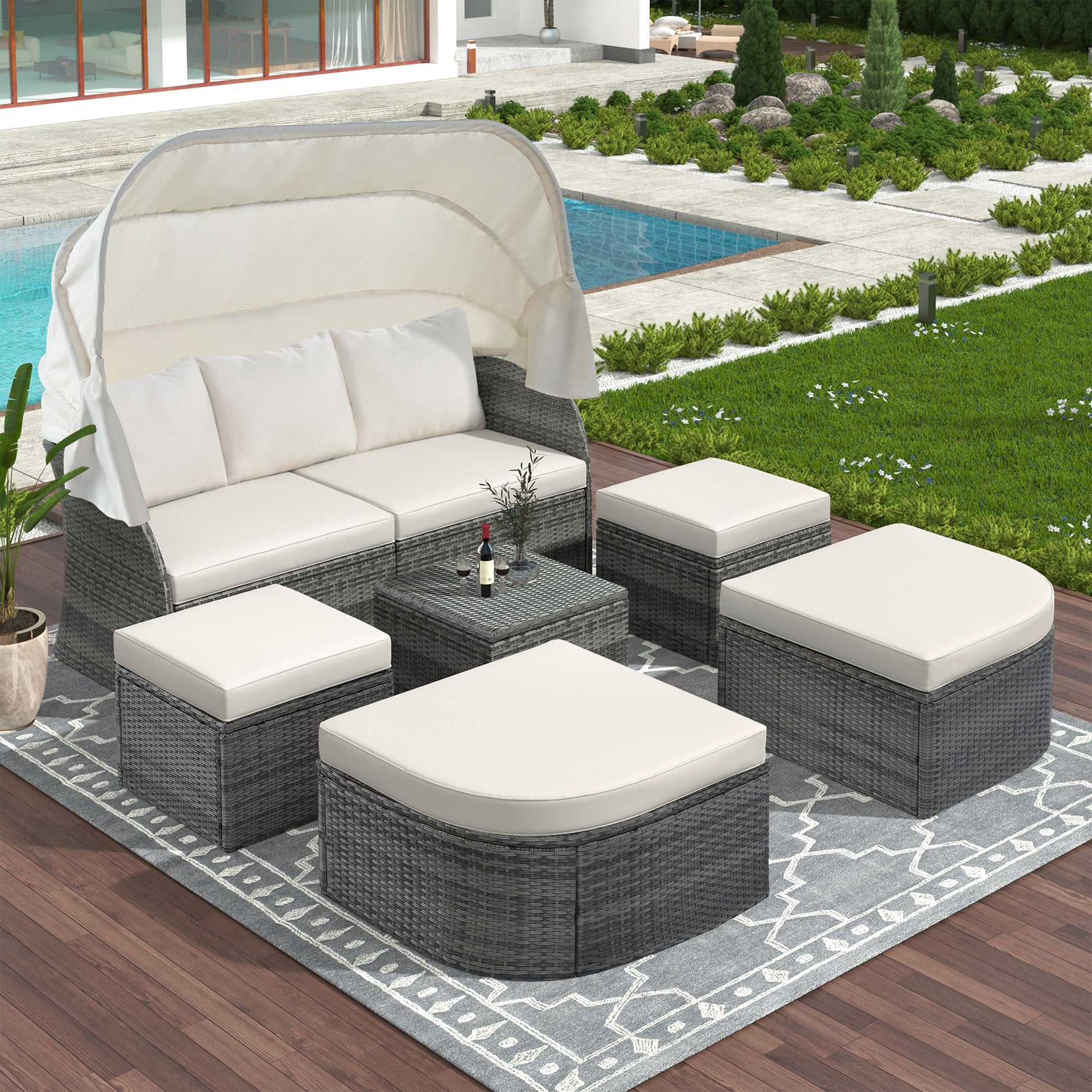 Outdoor Patio Furniture Set Daybed Sunbed with Retractable Canopy Conversation Set Wicker Furniture - Discount Msrp 